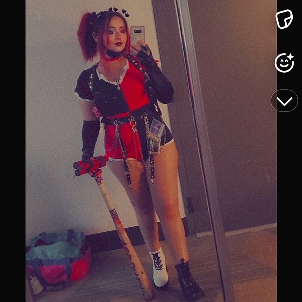 Harley Quinn cosplay costume baseball bat and one piece onsie DC comics comiccon